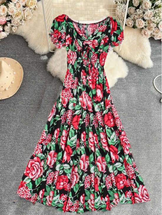 Floral V -Neck Short Sleeved Summer Dress